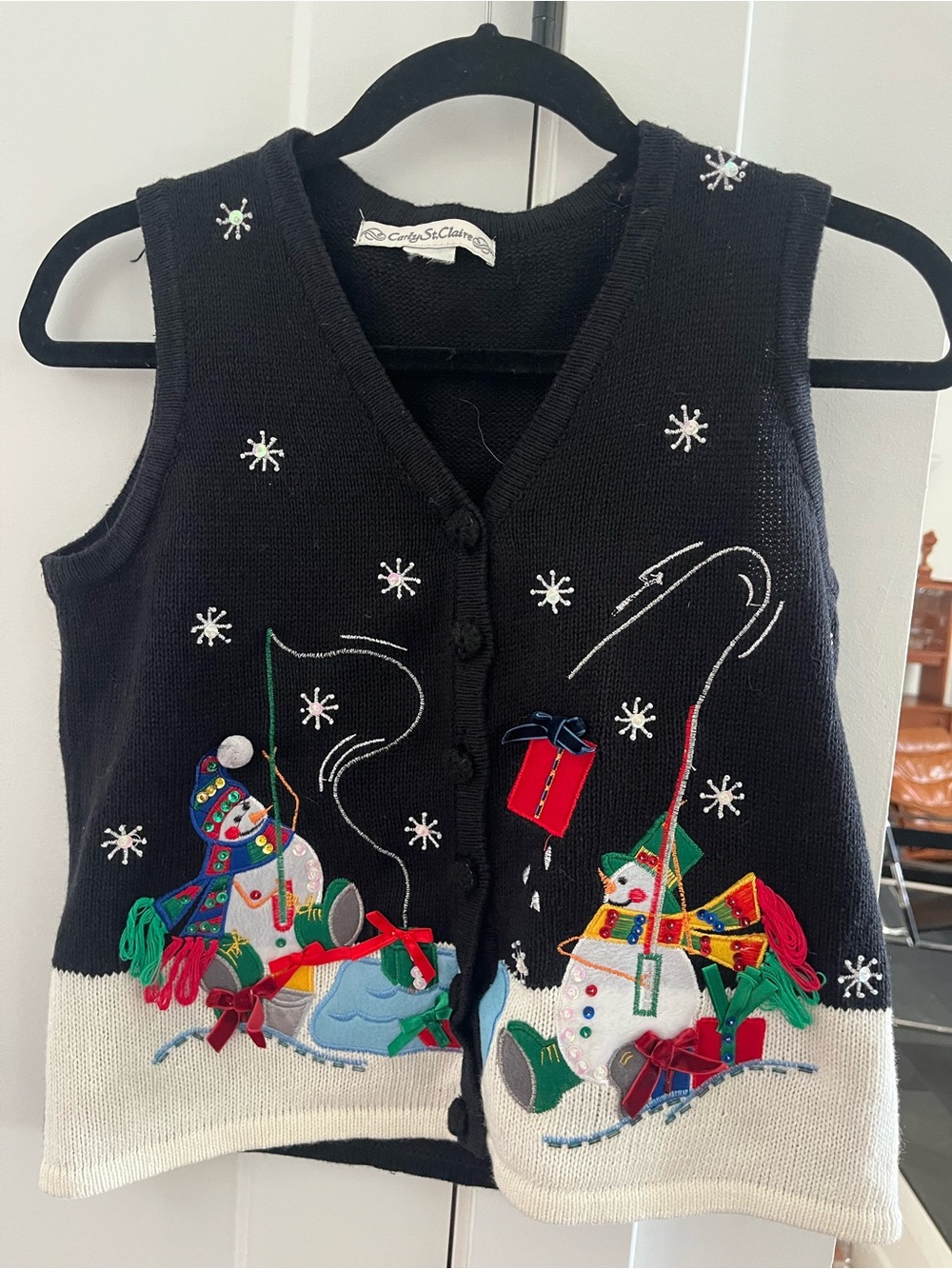 Vintage Carly St Claire Black Snowman Embroidered Vest small